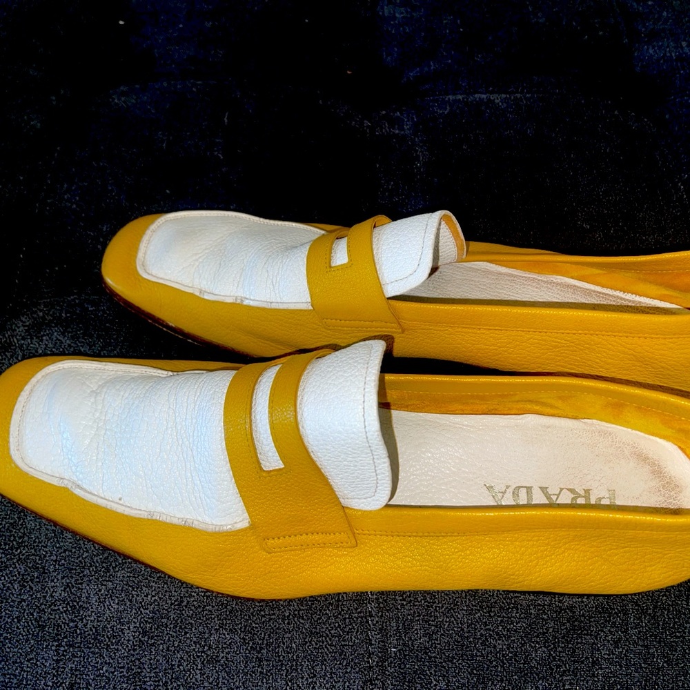 Prada mustard and white loafers